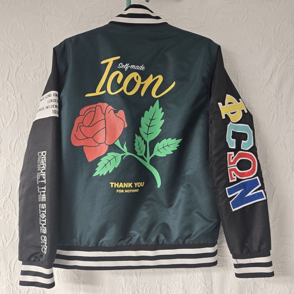 Rue21 Greek Varsity Green Jacket Women Small Embroidered Patchwork Striped Rose